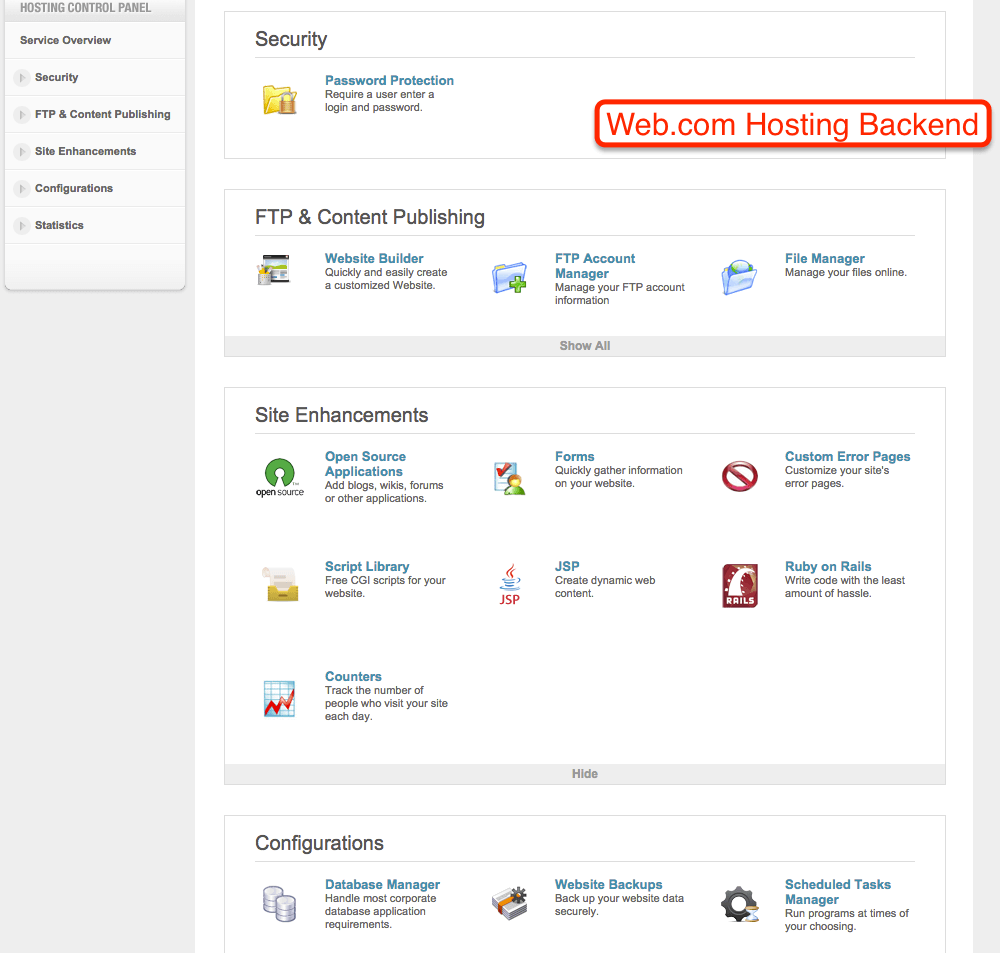 Web.com Hosting Backend screenshot for my Web.com Hosting Review
