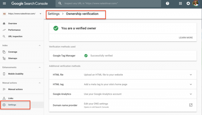 Search Console Settings Verification