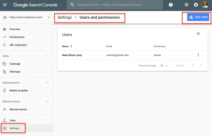 Search Console Settings Users