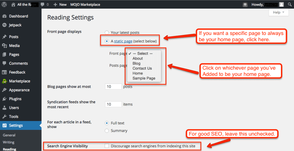 WordPress Reading Settings