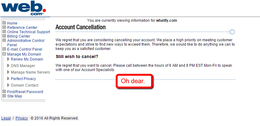 Web.com Cancellation screenshot for my Web.com Hosting Review