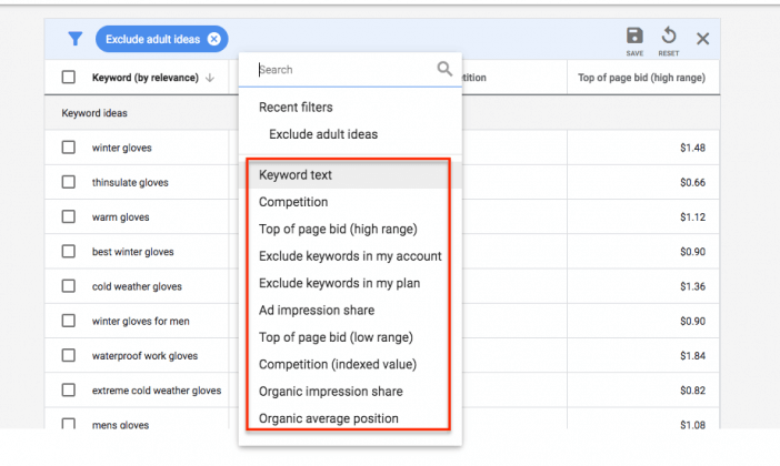 Keyword Planner Filter