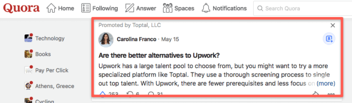 Quora Ad Example - Promoted Answer
