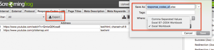 Screaming Frog Export
