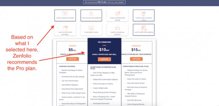 Zenfolio plan selection based on features